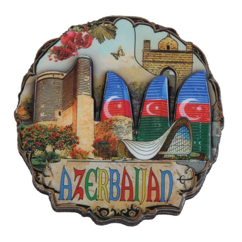 Round "Azerbaijan" Magnet | Souvenir with Maiden Tower and Flame Towers