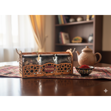 طقم توابل "أرمودو" في صندوق منحوت (ورد، زعفران، زعتر)